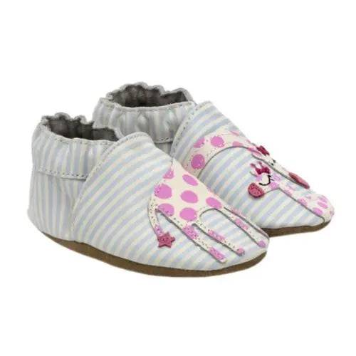 Robeez Soft Sole Shoes - Reach for the Stars in pastel striped design with pink star and polka dot accents, ideal for baby foot development.