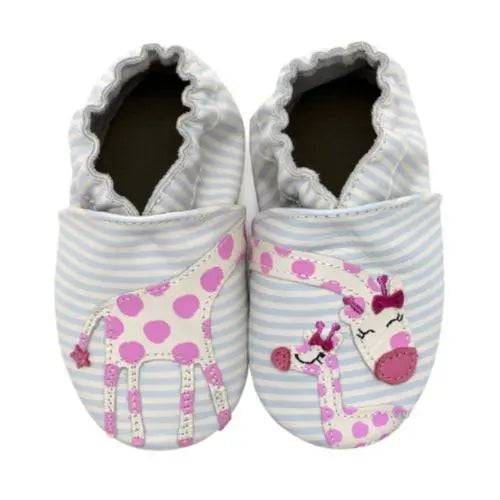 Robeez Soft Sole Shoes - Reach for the Stars featuring pink giraffe designs on striped white fabric. Ideal for promoting healthy foot development.