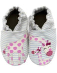 Robeez Soft Sole Shoes - Reach for the Stars featuring pink giraffe designs on striped white fabric. Ideal for promoting healthy foot development.