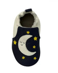 Navy and cream leather baby shoes with moon and star design.