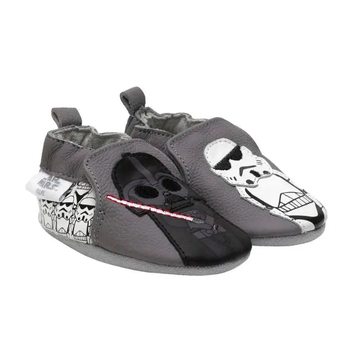 Grey leather kids soft bottom shoes with Darth Vader and Storm Troppers on them.