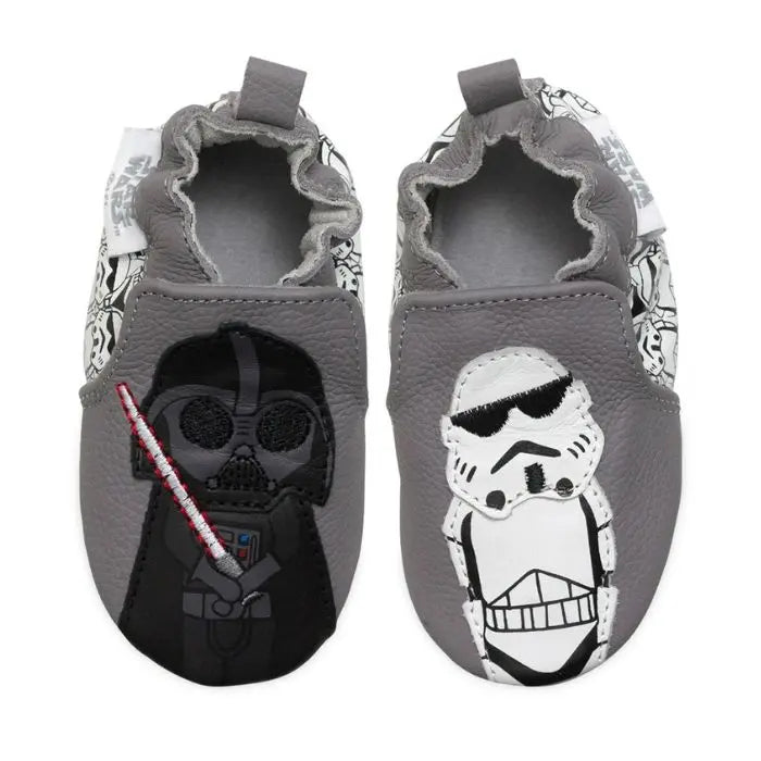 Grey leather shoes with Darth Vader and Storm Troppers on them.