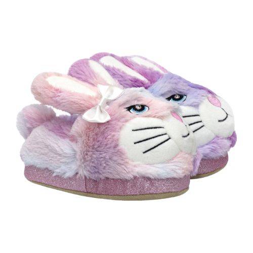 Fluffy light-up bunny slippers with pink and purple fur and cute face design.