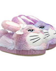 Fluffy light-up bunny slippers with pink and purple fur and cute face design.