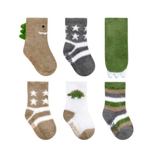 Set of 6 baby cozy socks with dinosaur and earthy-toned designs.