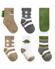 Set of 6 baby cozy socks with dinosaur and earthy-toned designs.