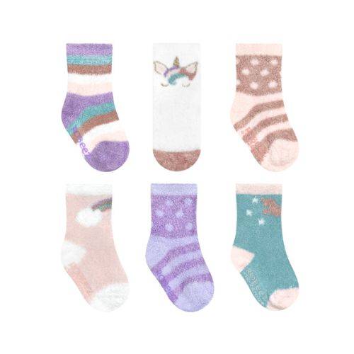 Set of 6 baby cozy socks with unicorn and pastel designs.