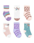 Set of 6 baby cozy socks with unicorn and pastel designs.