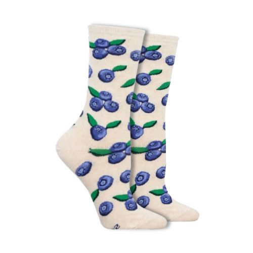 ivory heather (off white) socks with blueberries on them