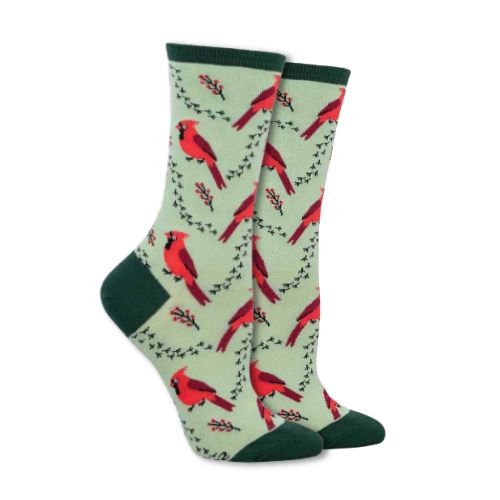 Green Socks with red cardinals and their foot tracks