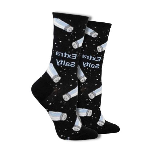 Black socks with salt shakers spilling salt and the words &quot;extra salty&quot;