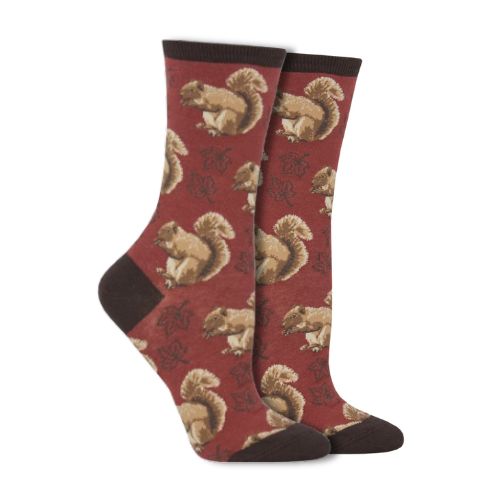 red socks with squirrels and maple leaves