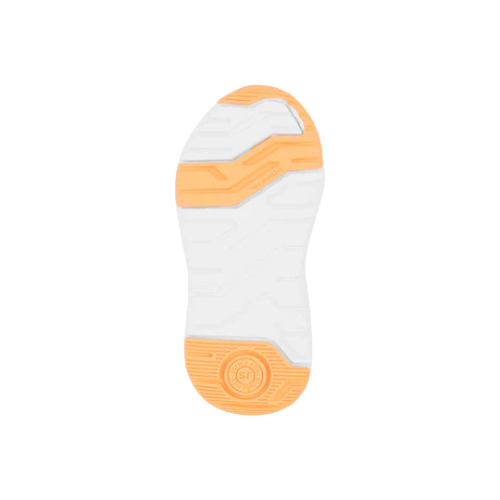 Machine washable sneakers with an orange and white sole, featuring geometric patterns and a comfortable memory foam footbed.