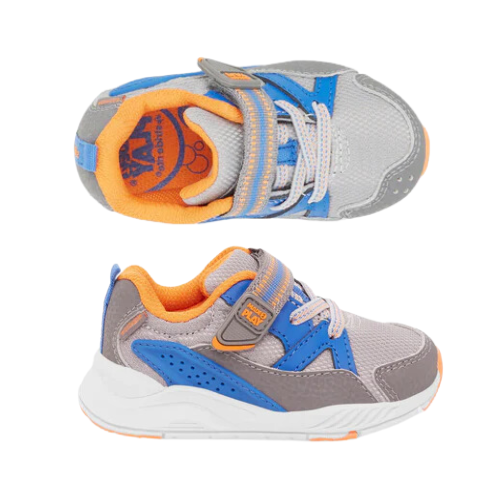 Gray and blue toddler sneakers with orange accents, Velcro strap, and memory foam footbed for extra comfort.