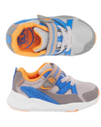 Gray and blue toddler sneakers with orange accents, Velcro strap, and memory foam footbed for extra comfort.