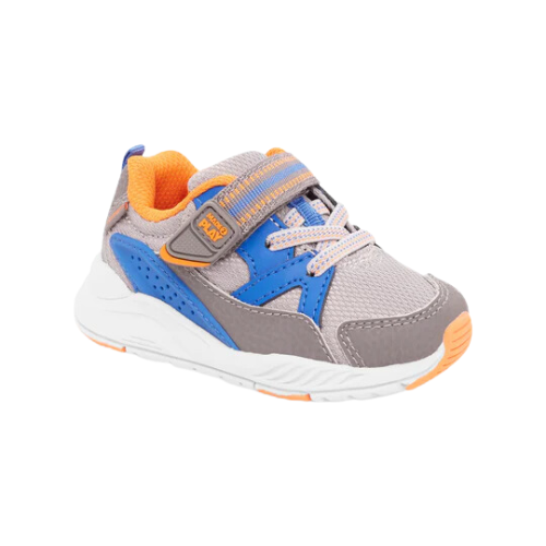 Gray and blue childrens sneaker with velcro strap, white sole, orange accents, and a comfy memory foam footbed.