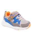 Gray and blue childrens sneaker with velcro strap, white sole, orange accents, and a comfy memory foam footbed.