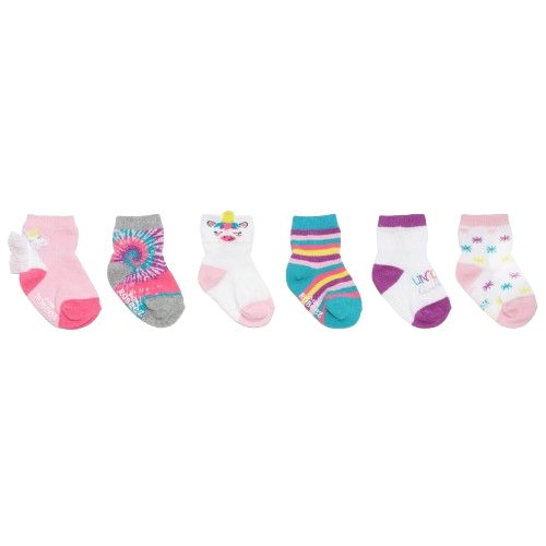 6 pack of baby socks with unicorn designs, pinks, purples, teal and whites