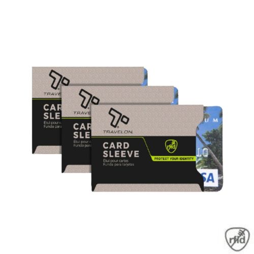 Three Travelon RFID blocking card sleeves with visa cards in them.