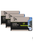 Three Travelon RFID blocking card sleeves with visa cards in them.