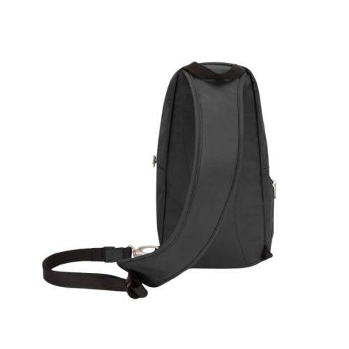 Side view of Travelon Anti-Theft Classic Sling Bag in black, featuring an adjustable strap and slim profile for comfortable wear.