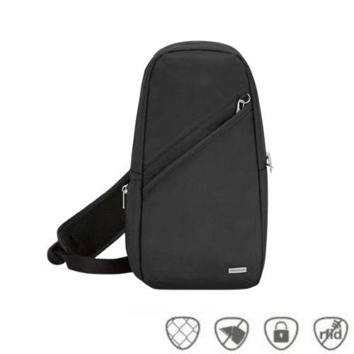 Travelon Anti-Theft Classic Sling Bag in black with secure zippers, compact design, and anti-theft features for travel and daily use.