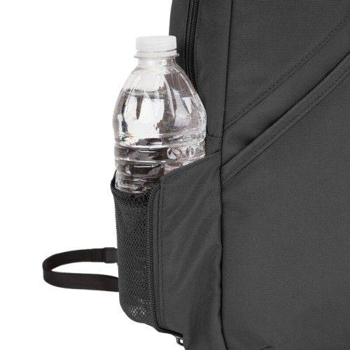 Close-up of Travelon Anti-Theft Classic Sling Bag's side pocket holding a water bottle, showcasing its practical storage design.