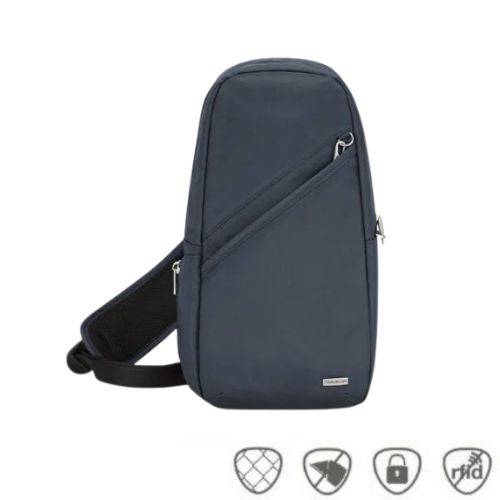 Travelon Anti-Theft Classic Sling Bag in navy blue with secure zippers, anti-theft features, and a sleek design for travel or daily use.