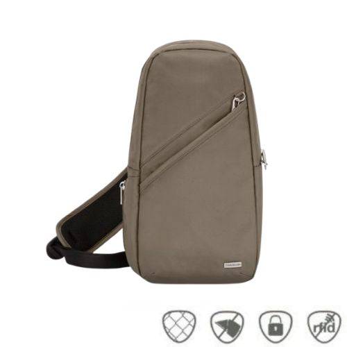 Travelon Anti-Theft Classic Sling Bag in taupe with secure zippers, anti-theft features, and a stylish compact design for versatile use.