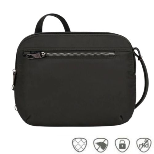 Black organizer bag with side zipper and strap showing the 5 anti-theft feature icons