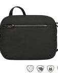 Black organizer bag with side zipper and strap showing the 5 anti-theft feature icons