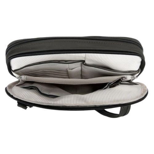 Black organizer bag with light colored interior lining