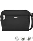 Small black crossbody bag with silver Travelon logo in center below full length zipper.