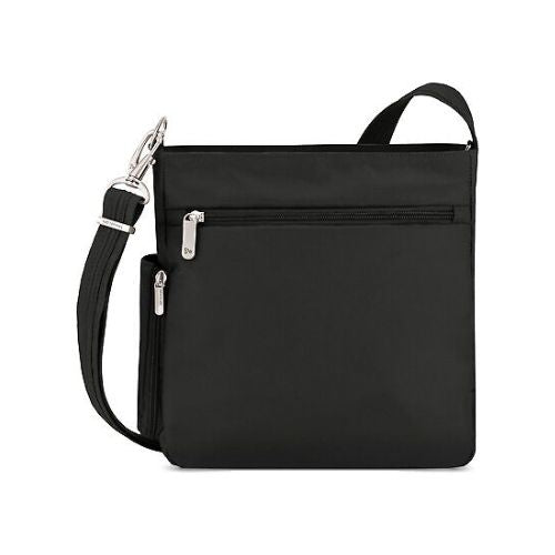 Back of a black cross body bag with flat zipper pocket