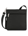 Back of a black cross body bag with flat zipper pocket