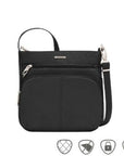 Black cross body bag with front pouch as well as mini slip zipper pocket