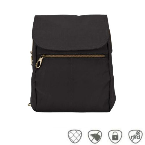 Black slim backpack with gold zipper and flap closure with the 5 anti-theft feature icons