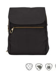 Black slim backpack with gold zipper and flap closure with the 5 anti-theft feature icons