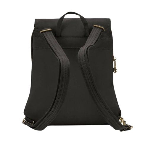 Back view of Black slim backpack showing top handle and two back straps