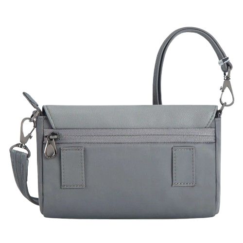 Back view of small gray bag with removable straps and two loops for belt use below back zippered pocket