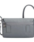 Back view of small gray bag with removable straps and two loops for belt use below back zippered pocket