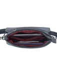 Interior of gray belt bag with adjustable straps showing rfid pockets, zippered compartments and burgundy lining