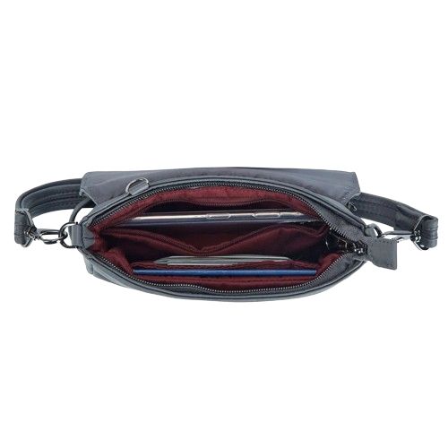 Interior of gray belt bag with adjustable straps showing rfid pockets, zippered compartments and burgundy lining