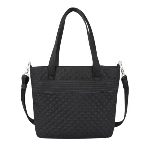 Black polyester tote bag with adjustable/detachable long straps as well as short tote straps