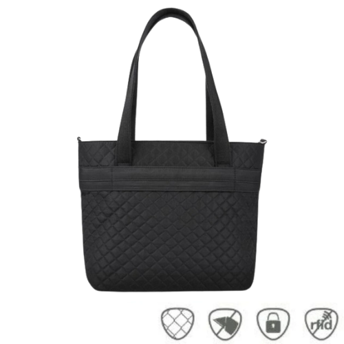 Black polyester tote bag with slip for wheeled luggage use. Five anti-theft icons at bottom