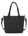 Black polyester tote bag with adjustable/detachable long straps as well as short tote straps