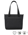 Black polyester tote bag with slip for wheeled luggage use. Five anti-theft icons at bottom