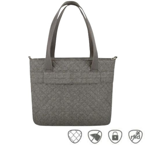 Gray polyester tote bag with slip for wheeled luggage use. Five anti-theft icons at bottom