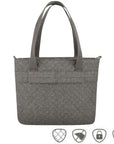 Gray polyester tote bag with slip for wheeled luggage use. Five anti-theft icons at bottom