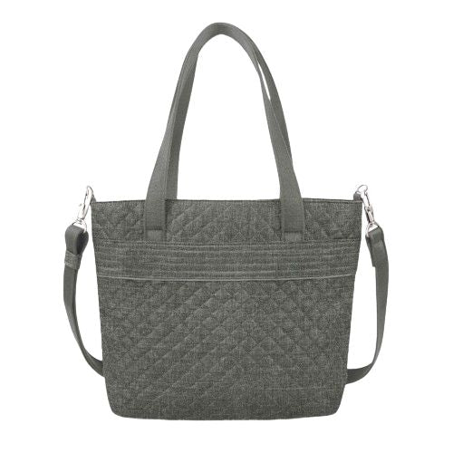 Gray polyester tote bag with adjustable/detachable long straps as well as short tote straps